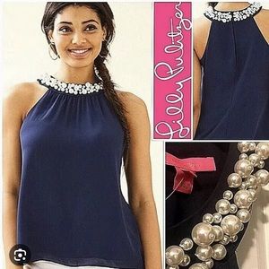 Lily Pulitzer Shawn Top Navy Medium with Pearl like neckline